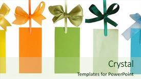  Presentation with labels - Cool new presentation theme with blue green ribbon - collection of colorful labels backdrop and a mint green colored foreground