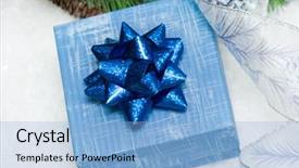  Presentation with snow tree - Presentation design enhanced with blue green ribbon - gift box with christmas tree background and a  colored foreground