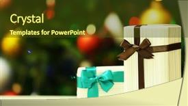  Presentation with boxes light - Slides having blue green ribbon - gift boxes on christmas tree background and a  colored foreground