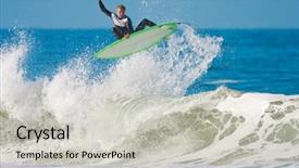  Presentation with green blue waves - PPT theme featuring blue green waves - surfer gets big air background and a light gray colored foreground