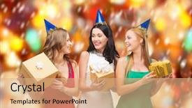  Presentation with birthday celebration - Colorful presentation design enhanced with blue hats with gift boxes backdrop and a coral colored foreground