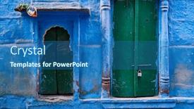  Presentation with jodhpur - Amazing PPT theme having blue-house-facade-in-streets backdrop and a ocean colored foreground