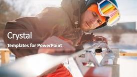  Presentation with checks - Slide set enhanced with blue ice - male skier checks skis background and a violet colored foreground