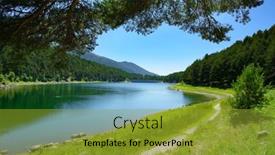  Presentation with mountains - PPT theme with blue-lake-and-mountains-covered background and a gold colored foreground