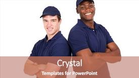  Presentation with portrait happy family smiling - Cool new slide deck with blue collar white collar - portrait of happy young co-workers backdrop and a navy blue colored foreground