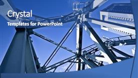  Presentation with bridge construction - PPT theme enhanced with blue metal suspended bridge construction background and a ocean colored foreground