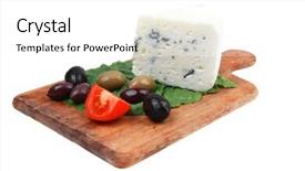  Presentation with blue cheese - Presentation design consisting of blue mold cheese on wooden platter with olives and tomato isolated over white background background and a white colored foreground