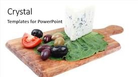  Presentation with blue cheese - Presentation design consisting of blue mold cheese on wooden platter with olives and tomato isolated over white background background and a white colored foreground