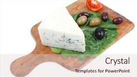  Presentation with mold - Audience pleasing presentation consisting of blue mold cheese on wooden platter with olives and tomato isolated over white background backdrop and a lemonade colored foreground