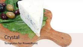  Presentation with mold - Presentation design consisting of blue mold cheese on wooden platter with olives and tomato isolated over white background background and a coral colored foreground