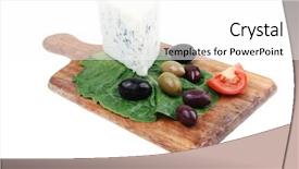  Presentation with mold - Slide set with blue mold cheese on wooden platter with olives and tomato isolated over white background background and a white colored foreground