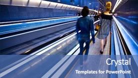  Presentation with moving - Cool new presentation design with blue moving escalator with people backdrop and a ocean colored foreground