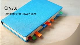  Presentation with blue aged wood sign - Cool new presentation theme with blue notebook with bookmarks backdrop and a  colored foreground
