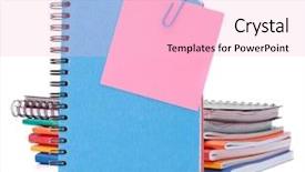  Presentation with notebook - Presentation with blue notebook with notice papers background and a  colored foreground