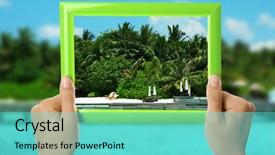  Presentation with couples holding hands - Amazing presentation design having blue ocean strategy - woman hands holding empty frame backdrop and a seafoam green colored foreground