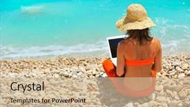  Presentation with laptop - PPT theme enhanced with blue orange colour - young woman using laptop background and a soft green colored foreground