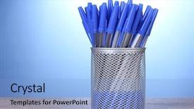  Presentation with metal - PPT layouts with blue pens in metal cup background and a light blue colored foreground
