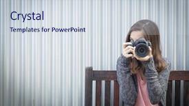  Presentation with bench vise - Presentation design having blue photography - girl photographer sitting on bench background and a  colored foreground