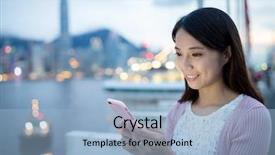  Presentation with sms - Slide deck featuring blue pink - asian woman sending sms text background and a light blue colored foreground