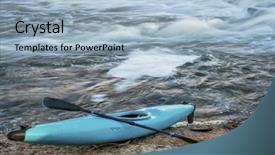  Presentation with kayak - PPT layouts consisting of blue plastic white water kayak with a paddle on a river shore with a rapid in background background and a light blue colored foreground