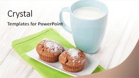  Presentation with chocolate cup cakes - Beautiful slide deck featuring blue plate - cup of milk and cakes backdrop and a  colored foreground