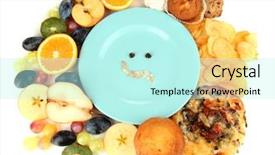  Presentation with blue food - Presentation design having blue plate surrounded by useful and harmful food isolated on white background and a cool aqua colored foreground