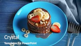  Presentation with chocolate strawberry - Colorful PPT layouts enhanced with blue plate with delicious chocolate pancakes decorated with strawberry and banana on wooden table backdrop and a teal colored foreground