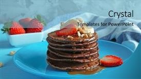  Presentation with chocolate strawberry - Presentation having blue plate with delicious chocolate pancakes decorated with strawberry and banana on wooden table background and a light blue colored foreground