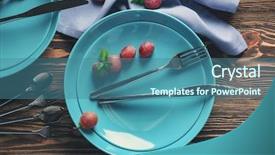  Presentation with cutlery - Colorful theme enhanced with blue plates and cutlery on wooden background backdrop and a ocean colored foreground