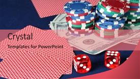  Presentation with poker chips - Beautiful PPT theme featuring blue poker table with cigars poker chips playing cards and dollars close-up backdrop and a coral colored foreground