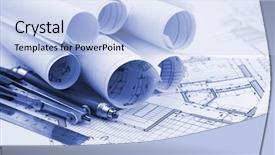  Presentation with blueprint - Slide deck enhanced with blue prints - rolls of architecture blueprint tools background and a light blue colored foreground