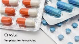  Presentation with colorful of antibiotics capsule pills - Theme having blue purple - colorful pills closeup on white background and a white colored foreground