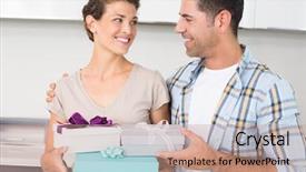  Presentation with man and woman - Presentation design featuring blue purple - happy woman holding many gifts background and a  colored foreground