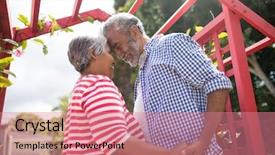  Presentation with senior couple - Colorful slide deck enhanced with blue red angles - low angle view of affectionate backdrop and a coral colored foreground