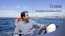  Presentation with sailboat - PPT layouts consisting of blue sailor man sailing vintage wooden sailboat mediterranean sea background and a light blue colored foreground