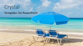  Presentation with turquoise beach - Audience pleasing presentation design consisting of blue-set-of-two-sunbeds backdrop and a light blue colored foreground