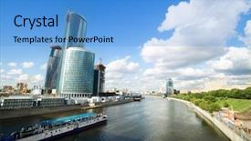  Presentation with bridge construction - Amazing PPT layouts having blue sky at sunset in moscow and buildings under construction beautiful look from third transport ring at modern buildings and foot bridge over moscow river backdrop and a teal colored foreground