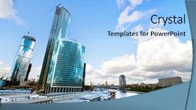  Presentation with bridge construction - PPT layouts consisting of blue sky at sunset in moscow and buildings under construction beautiful look from third transport ring at modern buildings and foot bridge over moscow river background and a light blue colored foreground