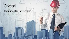  Presentation with city planning - PPT theme having blue skyscrapers sun clouds background and a sky blue colored foreground