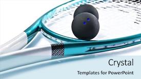  Presentation with squash sport racket - Colorful PPT theme enhanced with blue squash racket with balls backdrop and a light blue colored foreground