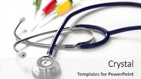  Presentation with medical error gavel and stethoscope - PPT theme enhanced with colorful syringe over white background and a white colored foreground