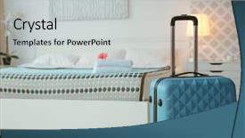  Presentation with light shade blue - Slides having blue suitcase in light hotel background and a light gray colored foreground