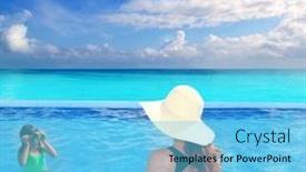  Presentation with caribbean - Slides having blue swimming pool with direct caribbean view rear mother and goggles daughter in background photo illustration background and a light blue colored foreground