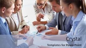  Presentation with partners - Colorful slide set enhanced with blue team - image of business partners discussing backdrop and a light blue colored foreground