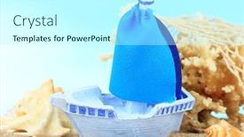  Presentation with ship - PPT layouts featuring blue toy ship on sand on blue background background and a arctic colored foreground