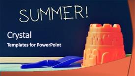 Presentation with summer school - PPT theme enhanced with blue toy shovel and an orange toy pail on a blue school desk and the word summer written in a chalkboard background and a navy blue colored foreground