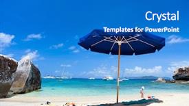  Presentation with sand ocean - PPT layouts consisting of blue umbrella on picture perfect beach with white sand turquoise ocean water and blue sky at tropical island in caribbean background and a teal colored foreground