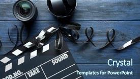  Presentation with movie - Presentation design featuring blue videobackground - movie clapper filmstrip and lenses background and a ocean colored foreground