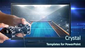  Presentation with video game - Beautiful PPT theme featuring blue videobackground - woman playing video game backdrop and a ocean colored foreground