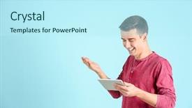  Presentation with computer - Colorful slide set enhanced with blue videobackground - young man using tablet computer backdrop and a cool aqua colored foreground